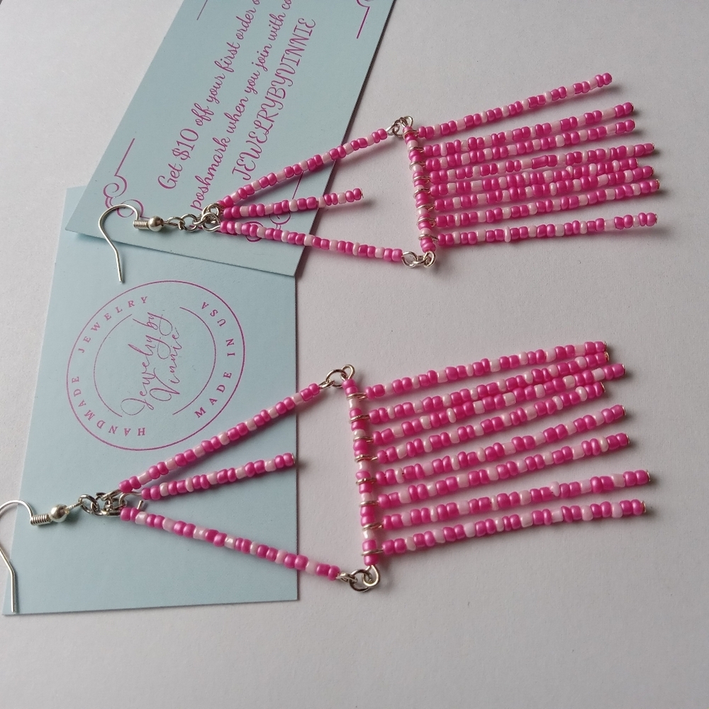 Hand Crafted Pink Beaded Earrings - Picture 3 of 7